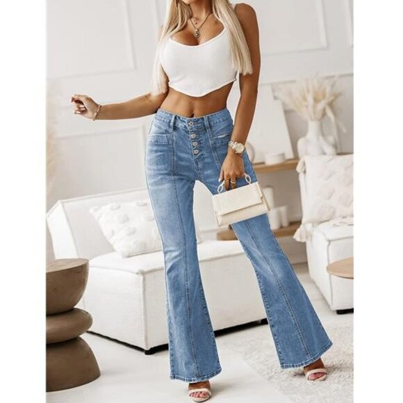 Light Blue Flare Bell Bottom Jeans Wide Leg Button High Waist Bootcut Jeans - Picture 5 of 8